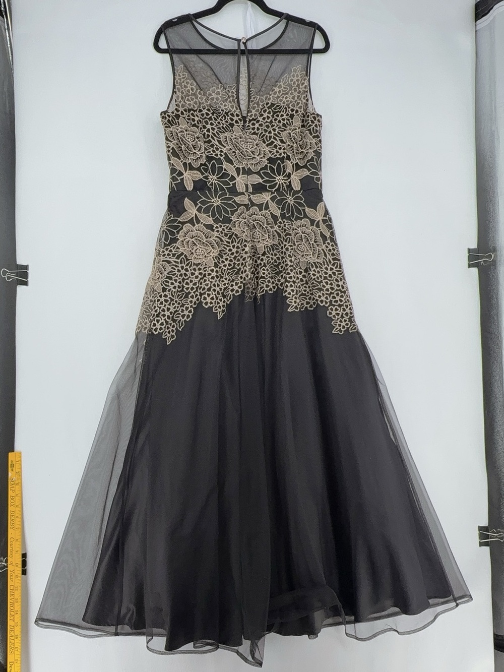 Tahari ASL Embroidered Illusion Gown Dress Size 10 Navy Gold-New - Picture 4 of 10
